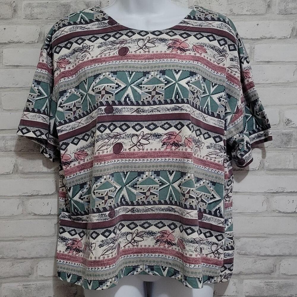 Vtg Shenanigans 80s Granny Floral Geometric Abstract Shirt Blouse Womens 20